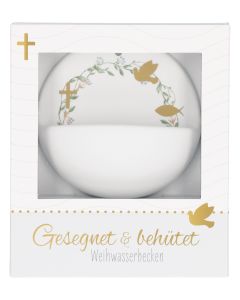 Butzon & Bercker Weihwasserbecken aus Porzellan – weiß matt, farbig bedruckt, handgefertigt, Lieferung in Geschenkverpackung