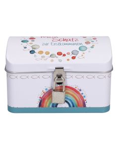 Weiße Schatzkiste aus Metall mit Schloss