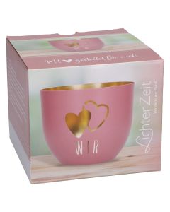 LichterZeit „Wir" Metall-Windlicht in Rosa mit Goldveredelung und durchbrochenem Herzmotiv