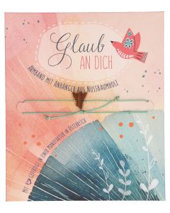 Textil-Armband in hellgrün mit Engel-Anhänger aus Nussbaumholz: Glaub an dich