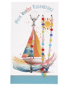 Rosenkranz 46,5 cm – gekettelt mit bunten Glasperlen, Kelch-Anhänger & Kreuz aus Metall, in Geschenkverpackung