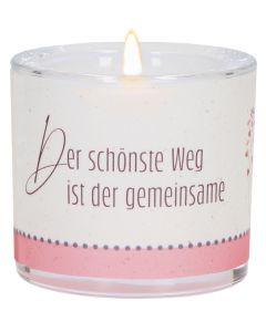 LichtMoment „Wir" Glas-Windlicht mit zarten Blumenmotiv in Rosa