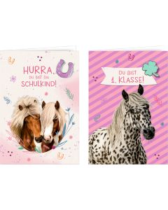 Grußkarte mit Wegbegleiter-Pin – Du bist 1. Klasse! / Hurra, du bist ein Schulkind!